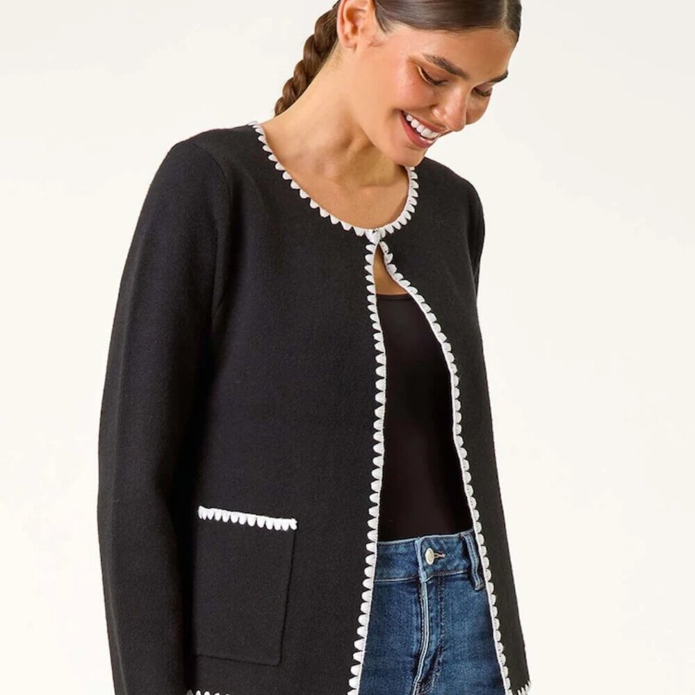 WD.NY Women's Textured Black Blazer with Cream Accents
